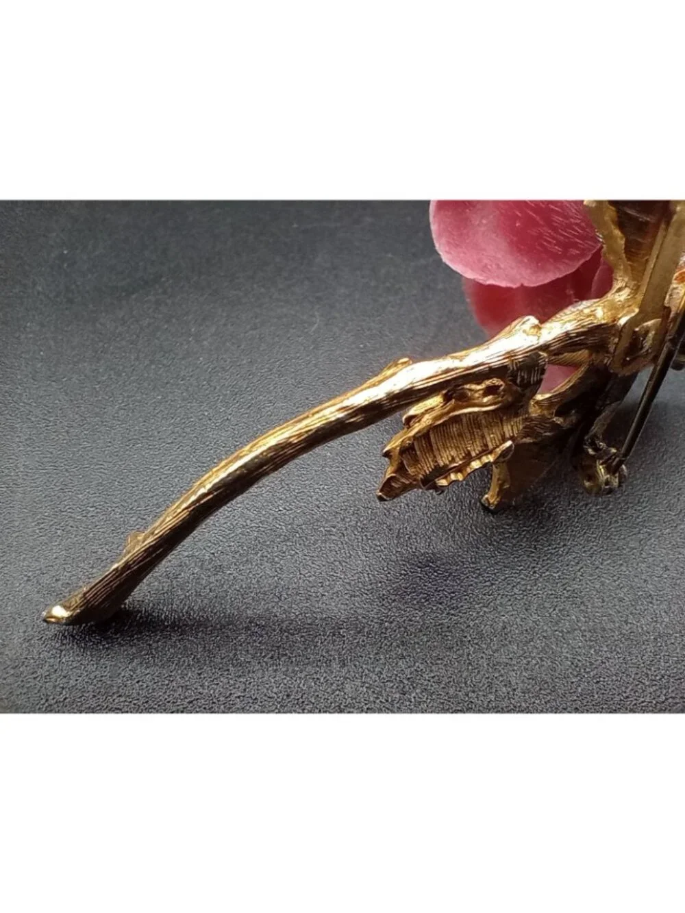 Vintage Pink Rose Brooch Pin Gold Tone Stem Leaves Signed BARI 3.25